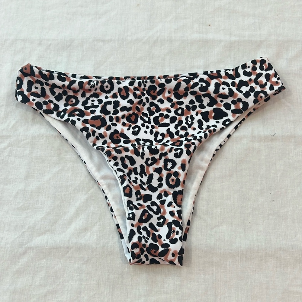 shein leopard print cheeky bikini bottoms white brown polyester swim suit small